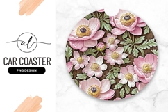 Pink Anemone Flowers On Wood Round Car Coaster Product Image 1