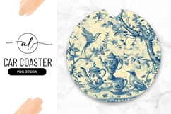 Blue And White Tea Time Floral Scene Round Car Coaster Product Image 1