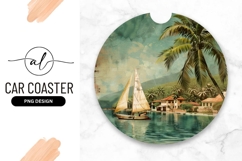 Tropical Island Boat Scene Round Car Coaster Product Image 1