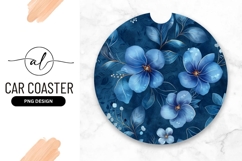 Blue Watercolor Floral Design Round Car Coaster Png Product Image 1