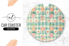 Floral Pattern On Gingham Round Car Coaster Product Image 1