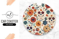 Colorful Floral Skull Pattern on Round Car Coaster Png Product Image 1