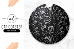 Silver Floral Ornament on Black Round Car Coaster Png Product Image 1