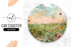 Watercolor Floral Field Illustration in a Round Car Coaster Product Image 1
