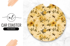 Yellow Floral and Bee Pattern on Round Car Coaster Png Product Image 1