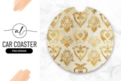 Gold Heart and Floral Pattern on Round Car Coaster Png Product Image 1
