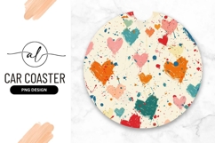 Colorful Heart Shapes and Splatter on a Round Car Coaster Product Image 1