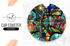 Steampunk Robots Stained Glass Round Car Coaster Png Product Image 1