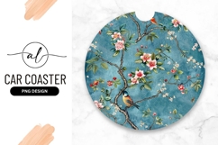 Floral Bird Design on Teal Background Round Car Coaster Png Product Image 1