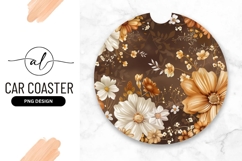 Floral Round Car Coaster Png with White and Brown Flowers Product Image 1
