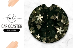 Round Car Coaster Png with White Flowers and Green Leaves Product Image 1