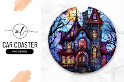 Stained Glass Haunted House Illustration with Moon and Trees Product Image 1