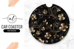 Black and Gold Floral Design Round Car Coaster Png Product Image 1