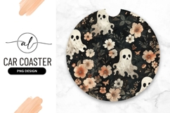 Round Car Coaster Png with Ghosts Flowers and Butterflies Product Image 1