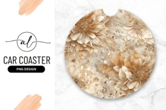 Beige and Brown Floral Design on Round Car Coaster Png Product Image 1