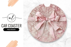 Pink Bow on Round Car Coaster Png with Floral Pattern Product Image 1