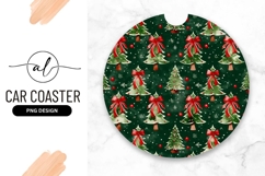 Christmas Tree Pattern on Dark Green Round Car Coaster Png Product Image 1