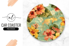 Vintage Floral Round Car Coaster Png with Hibiscus Product Image 1