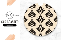 Black and Cream Damask Pattern on Round Car Coaster Png Product Image 1