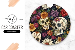 Round Car Coaster Png with Sugar Skulls and Floral Product Image 1