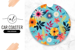Colorful Floral Pattern on Blue Round Car Coaster Png Product Image 1