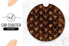 Ornate Heart Pattern Round Car Coaster Png Design In Brown Product Image 1
