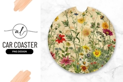 Vintage Floral Meadow Illustration For Round Car Coaster Png Product Image 1