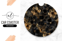 Elegant Black And Gold Flowers Round Car Coaster Png Design Product Image 1