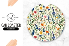 Wildflower Meadow Botanical Illustration Round Car Coaster Product Image 1