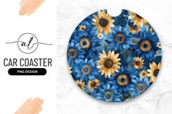 Blue And Yellow Sunflower Circular Design Round Car Coaster Product Image 1