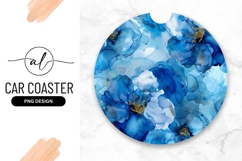 Blue Floral Alcohol Ink Art Round Car Coaster Png Design Product Image 1