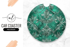 Teal And Silver Damask Round Car Coaster Product Image 1