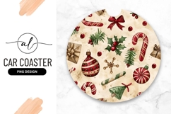 Festive Christmas Elements On Beige Round Car Coaster Product Image 1