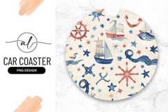 Nautical Pattern Red White Blue Round Car Coaster Product Image 1