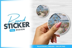 Textured coastal cottage beach scene round sticker png Product Image 1