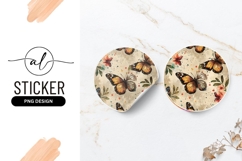 Round sticker with butterfly and floral design Product Image 1