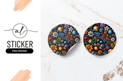 Colorful Floral and Planetary Illustration on Round Sticker Product Image 1