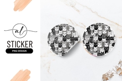 Black and White Cat Faces Pattern in a Round Sticker Png Product Image 1