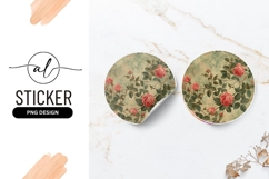 Vintage Rose Illustration Round Sticker Png with Pink Roses Product Image 1