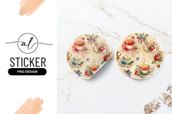 Watercolor Tea Cups and Berries Pattern on Round Sticker Png Product Image 1