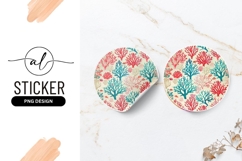 Round Sticker Png Coral Reef Pattern in Red Teal and Beige Product Image 1