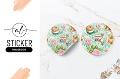 Elegant Tea Party Seamless Pattern Round Sticker Png Product Image 1