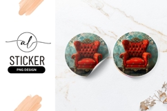 Elegant Red Armchair Against Ornate Wallpaper Round Sticker Product Image 1