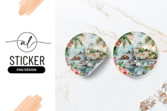Watercolor Tropical Island With Sailboat Round Sticker Png Product Image 1