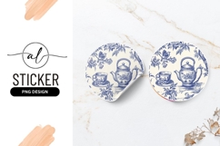 Blue Toile Tea Set Round Sticker Png Product Image 1