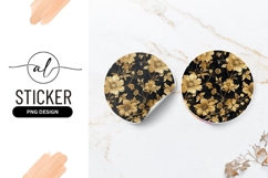 Gold Floral Design On Black Round Sticker Png Product Image 1