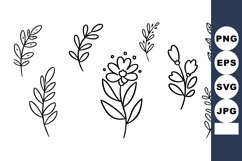 Hand-drawn simple floral branch and flower collection in bla Product Image 1
