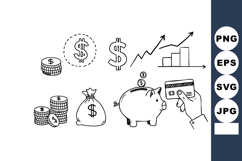 Hand drawn finance icons with piggy bank credit card coins a Product Image 1