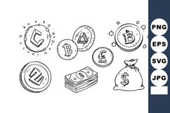 Cryptocurrency and traditional money icons with bitcoin and Product Image 1
