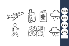 Travel icons set airplane luggage passport map rain weather Product Image 1